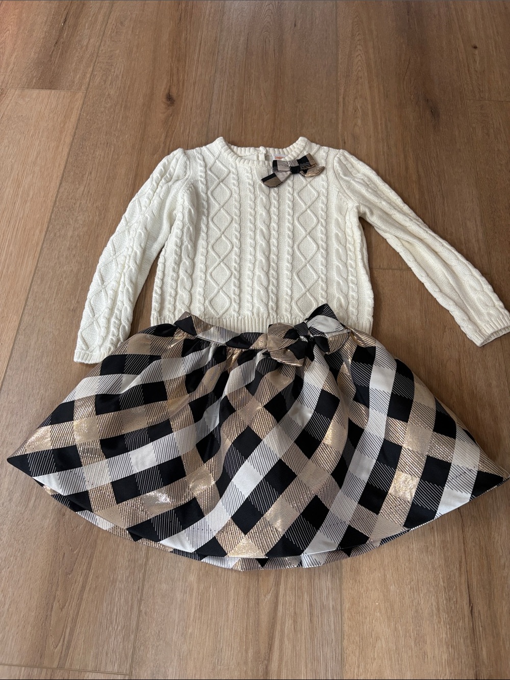 Gymboree Girls Ivory Cable Knit Top with Black & Gold Plaid Skirt Set